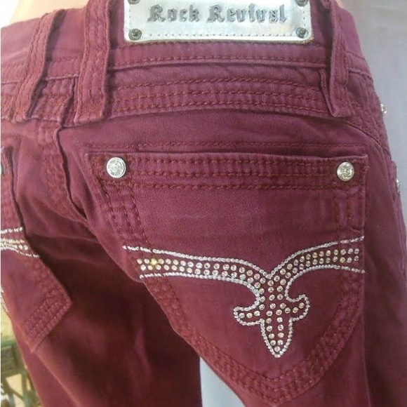 Rock Revival Denim - Rock Revival Liz Maroon Crystal Embellished Skinny Jeans size 25